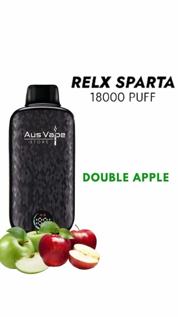 IMG_3062-600x1067-1jpg - Oz Vapor Store Relx Sparta vape device with apple imagery, advertising the Double Apple flavor (18000 puffs).