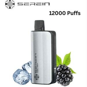 Vape device with Blackberry Ice flavor, 12,000 puffs, shown beside ice cubes and a blackberry.