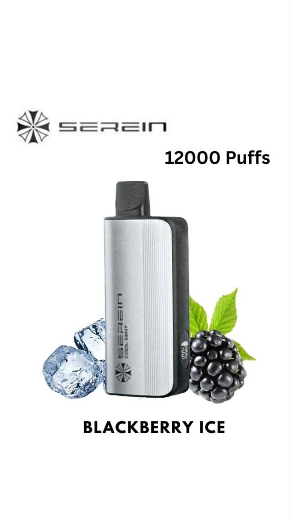 att-tWijZb-n_W3867mPWe6rjmzkPswMAU5P6Q963Td9ZE-600x1067-1jpg - Oz Vapor Store Vape device with Blackberry Ice flavor, 12,000 puffs, shown beside ice cubes and a blackberry.