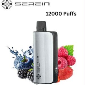 Scream 12000 Puffs vape device in silver and black with blueberries, raspberries, and strawberries; Quadruple Berry flavor logo visible.