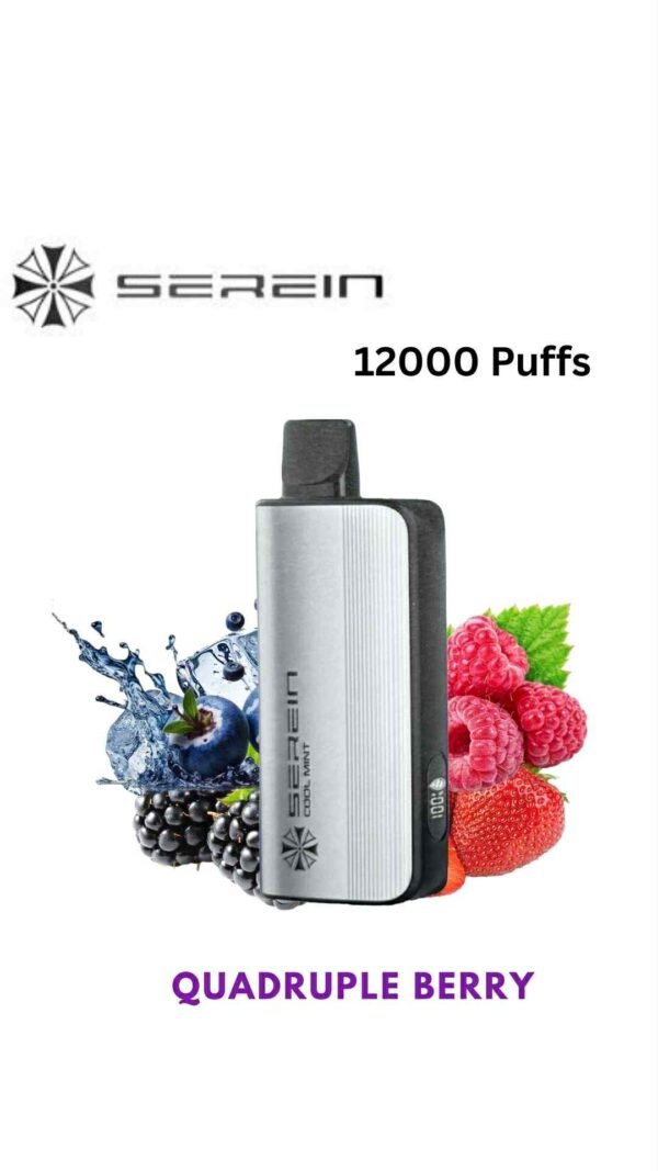 att33etRhJhOfrl8ZtkSL27w2xaX0vGNwVYUX0HY2Tlm9s-600x1067-1jpg - Oz Vapor Store Scream 12000 Puffs vape device in silver and black with blueberries, raspberries, and strawberries; Quadruple Berry flavor logo visible.