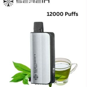 SEREIN vape device with Jasmine Green Tea flavor, 12000 puffs, beside a cup of green tea and tea leaves.