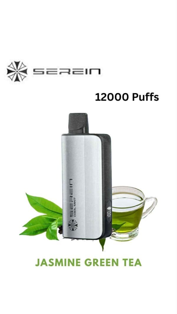 attC9xlEf0eawpeM0szkLG_N4aoM7vnnnbEy9hT6wmAUqw-600x1067-1jpg - Oz Vapor Store SEREIN vape device with Jasmine Green Tea flavor, 12000 puffs, beside a cup of green tea and tea leaves.