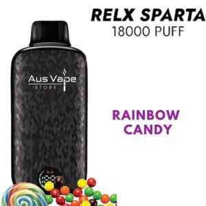 attIM3g4Znta07WFfpOut7y624gea0c67TL6rNYUmZsMrYjpg - Oz Vapor Store Black vape device with Aus Vape Store logo, labeled Rainbow Candy flavor with candy imagery surrounding it (RELX Sparta 18000 Puff context).
