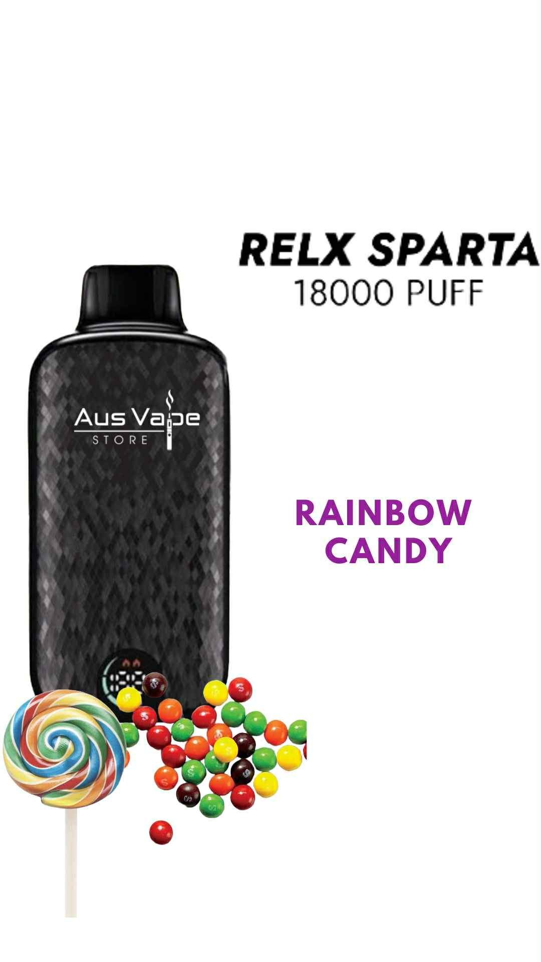 attIM3g4Znta07WFfpOut7y624gea0c67TL6rNYUmZsMrYjpg - Oz Vapor Store Black vape device with Aus Vape Store logo, labeled Rainbow Candy flavor with candy imagery surrounding it (RELX Sparta 18000 Puff context).