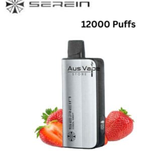 Sarein 12000-puff strawberry ice vape device with strawberries at the base and the text STRAWBERRY ICE below it.