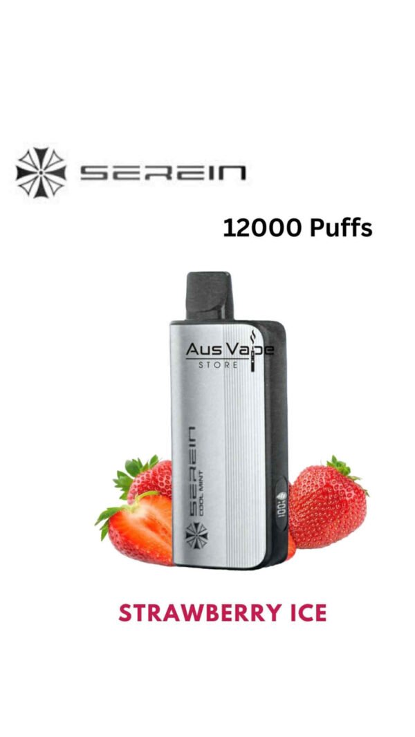 attMGo1QdbSgrVD56DRKwxp12lhgEV47ADNQx4iBxP1zD8-600x1066-1jpg - Oz Vapor Store Sarein 12000-puff strawberry ice vape device with strawberries at the base and the text STRAWBERRY ICE below it.