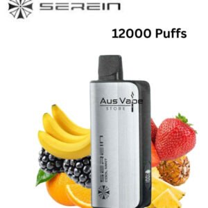 Saren vape device with tropical fruits flavor, 12,000 puffs, shown with bananas, berries and pineapple