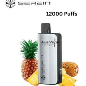 Vape device with pineapple ice flavor, branded AusVape Store, flanked by pineapples.