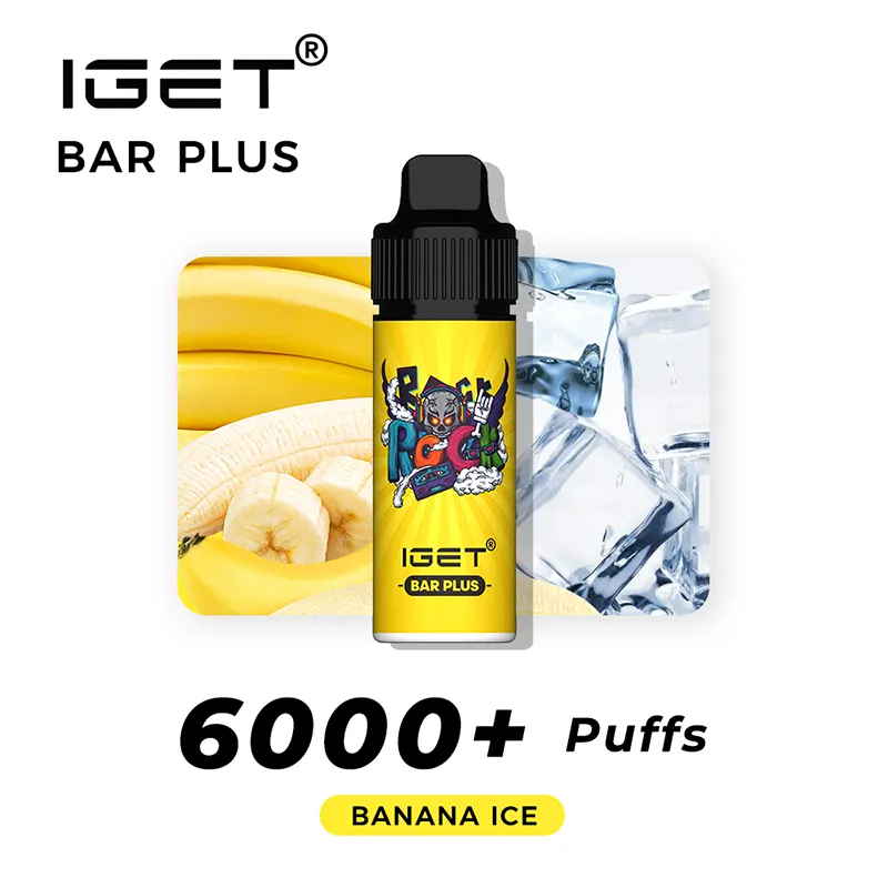iget-bar-plus-banana-icewebp - Oz Vapor Store Disposable vape device labeled IGET BAR PLUS with Banana Ice flavor, shown with banana and ice imagery and '6000+ Puffs' text.